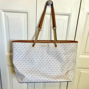 Michael Kors MK extra large tote neverfull white brown gold